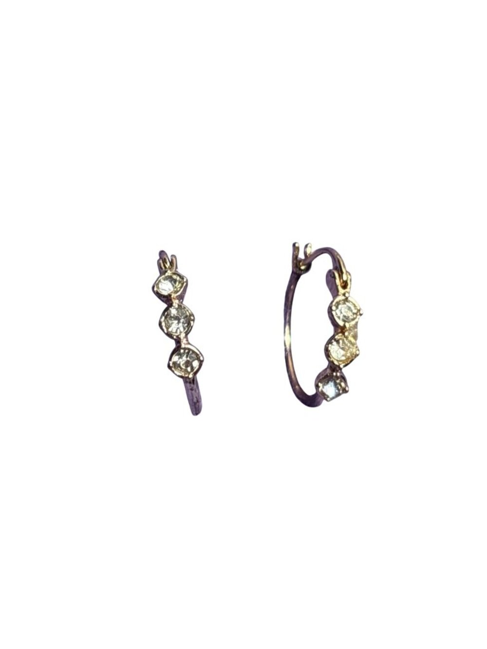 Dainty Goldtone Hoop Earrings 3 Clear Rhinestones 5/8 inch
